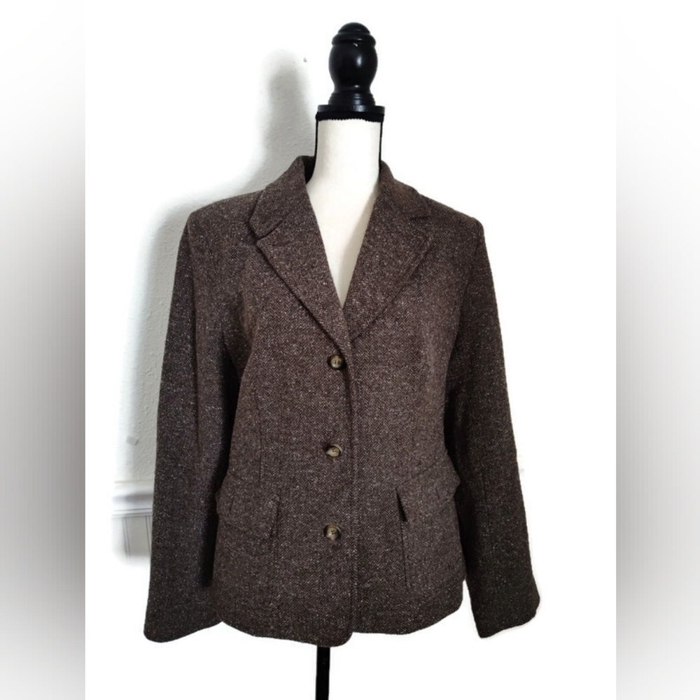 LL Bean Lovely Woven Herringbone Brown Jacket Blazer Ralph Lauren Vibe Size L